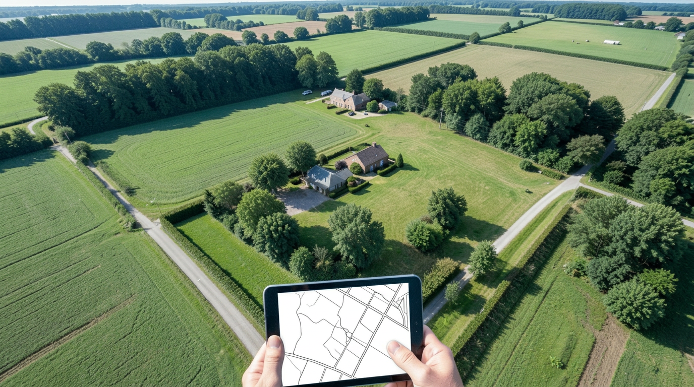 Aerial view of rural properties with an unlabelled parcel map on a tablet